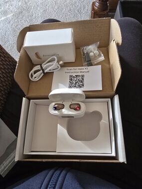 Helix True Wireless Hearing Aids in White with Red & Blue Accents